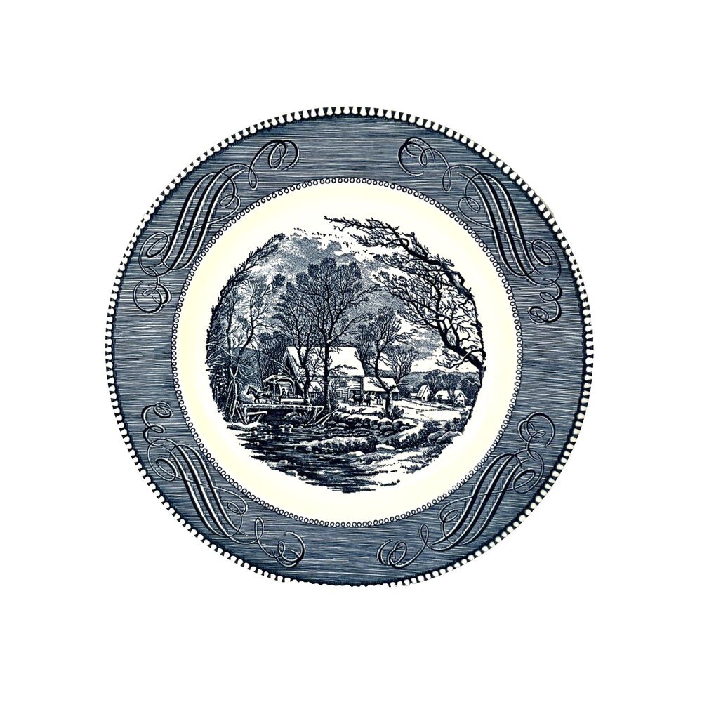 Vintage CURRIER & IVES The Old Grist Mill by ROYAL 10" Blue & White China Plate